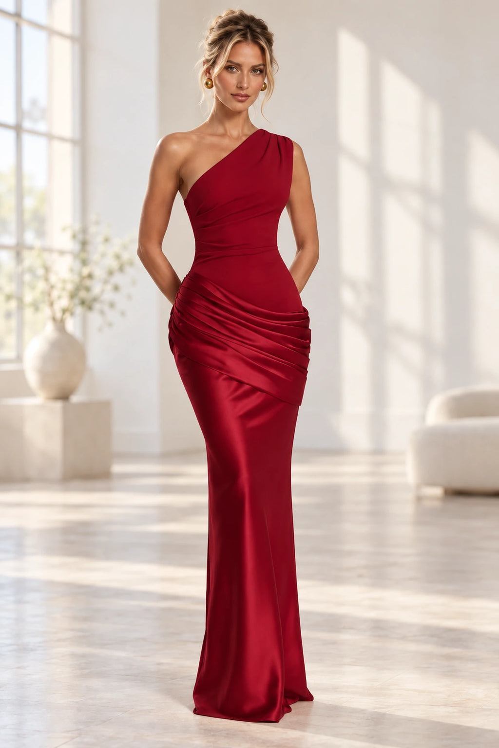 Elegant Mermaid One Shoulder Sleeveless Asymmetrical Back Long Bridesmaid Dress
