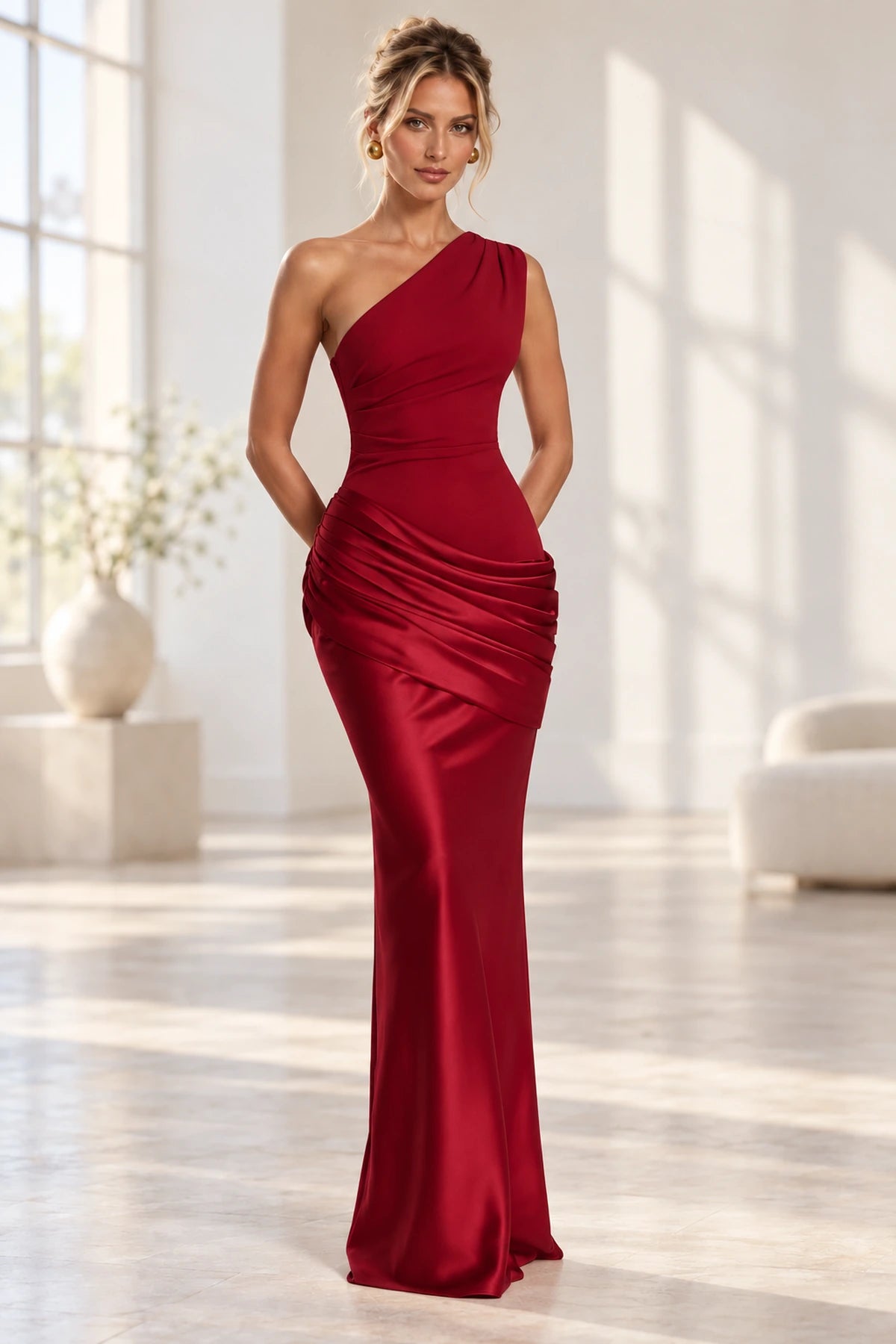 Elegant Mermaid One Shoulder Sleeveless Asymmetrical Back Long Bridesmaid Dress