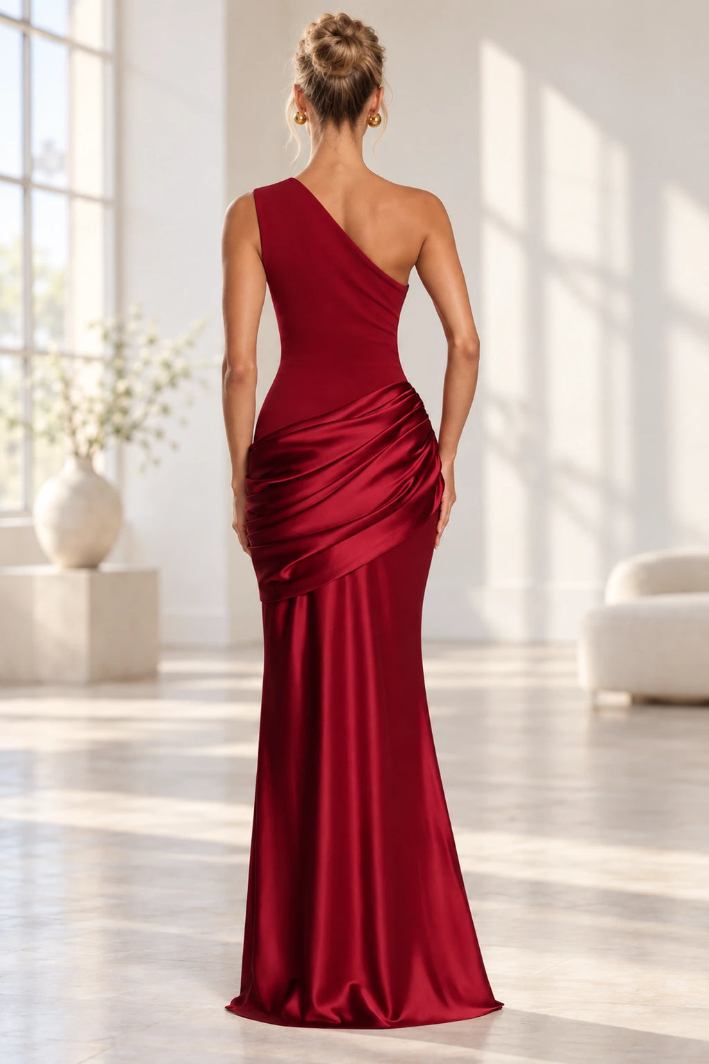 Elegant Mermaid One Shoulder Sleeveless Asymmetrical Back Long Bridesmaid Dress