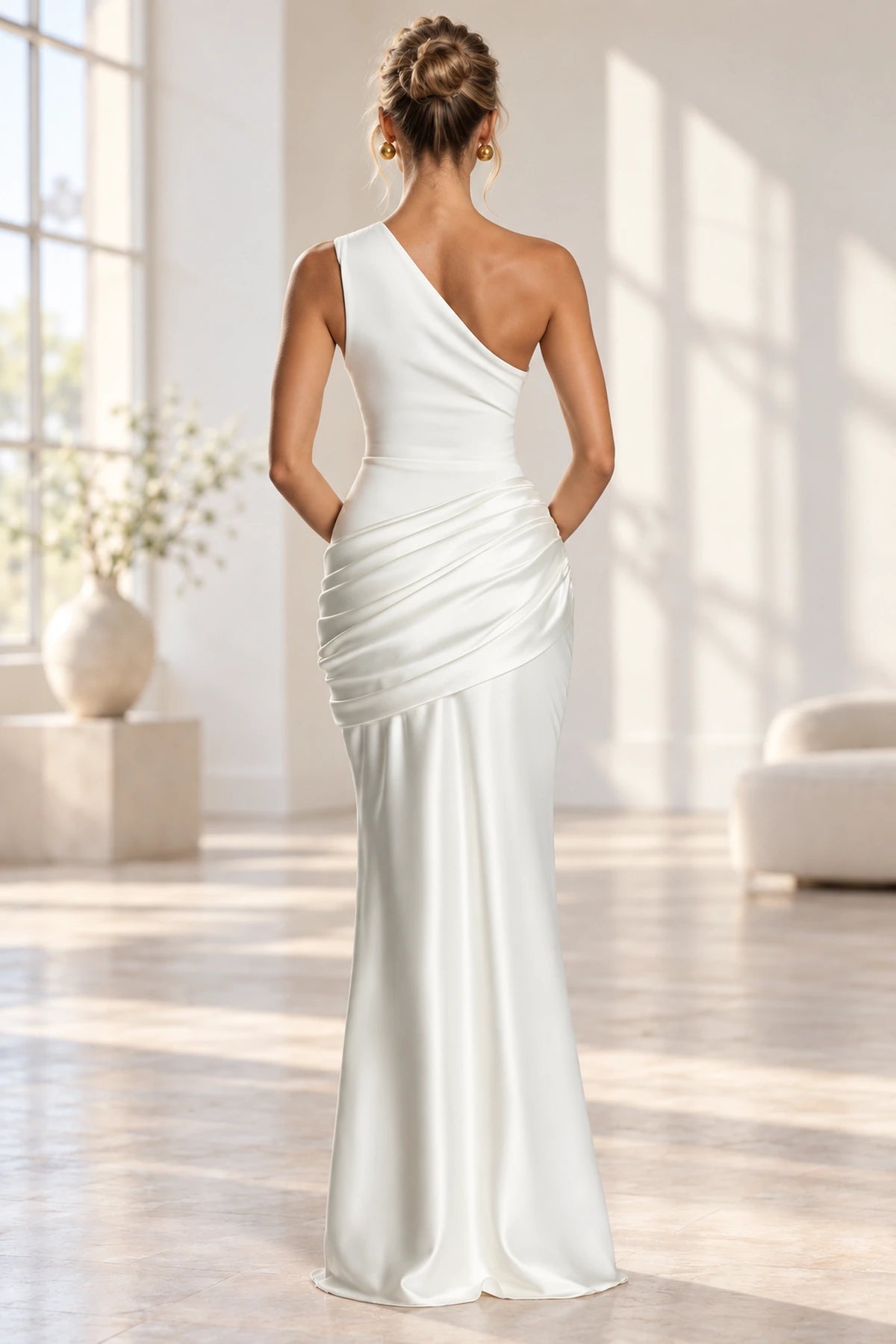 Elegant Mermaid One Shoulder Sleeveless Asymmetrical Back Long Bridesmaid Dress