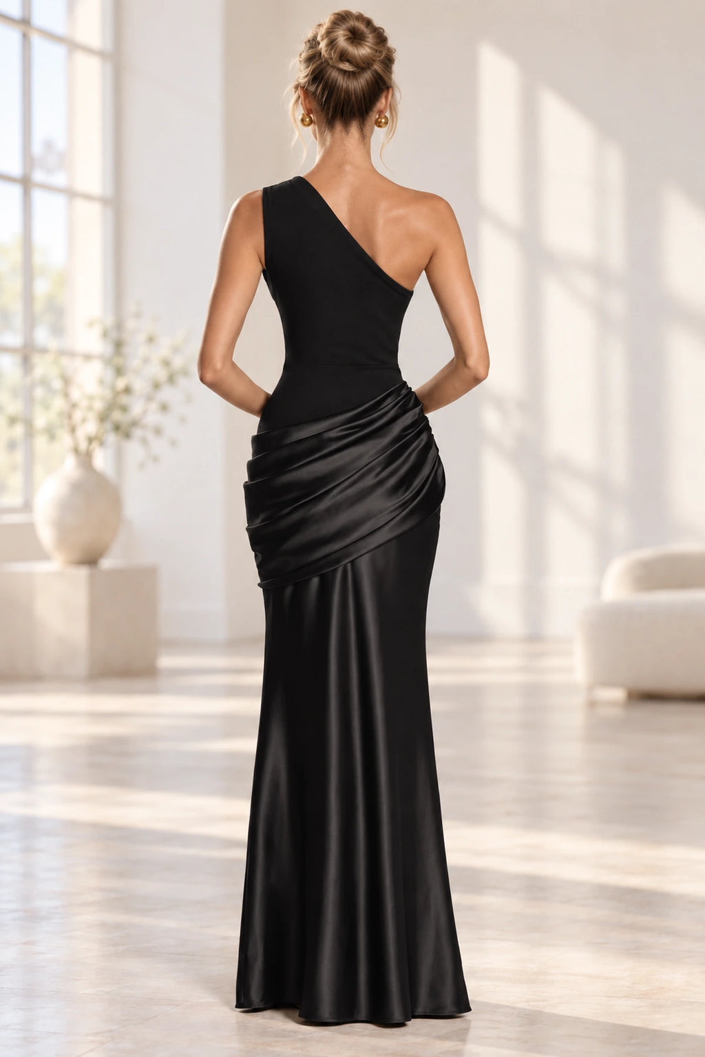 Elegant Mermaid One Shoulder Sleeveless Asymmetrical Back Long Bridesmaid Dress