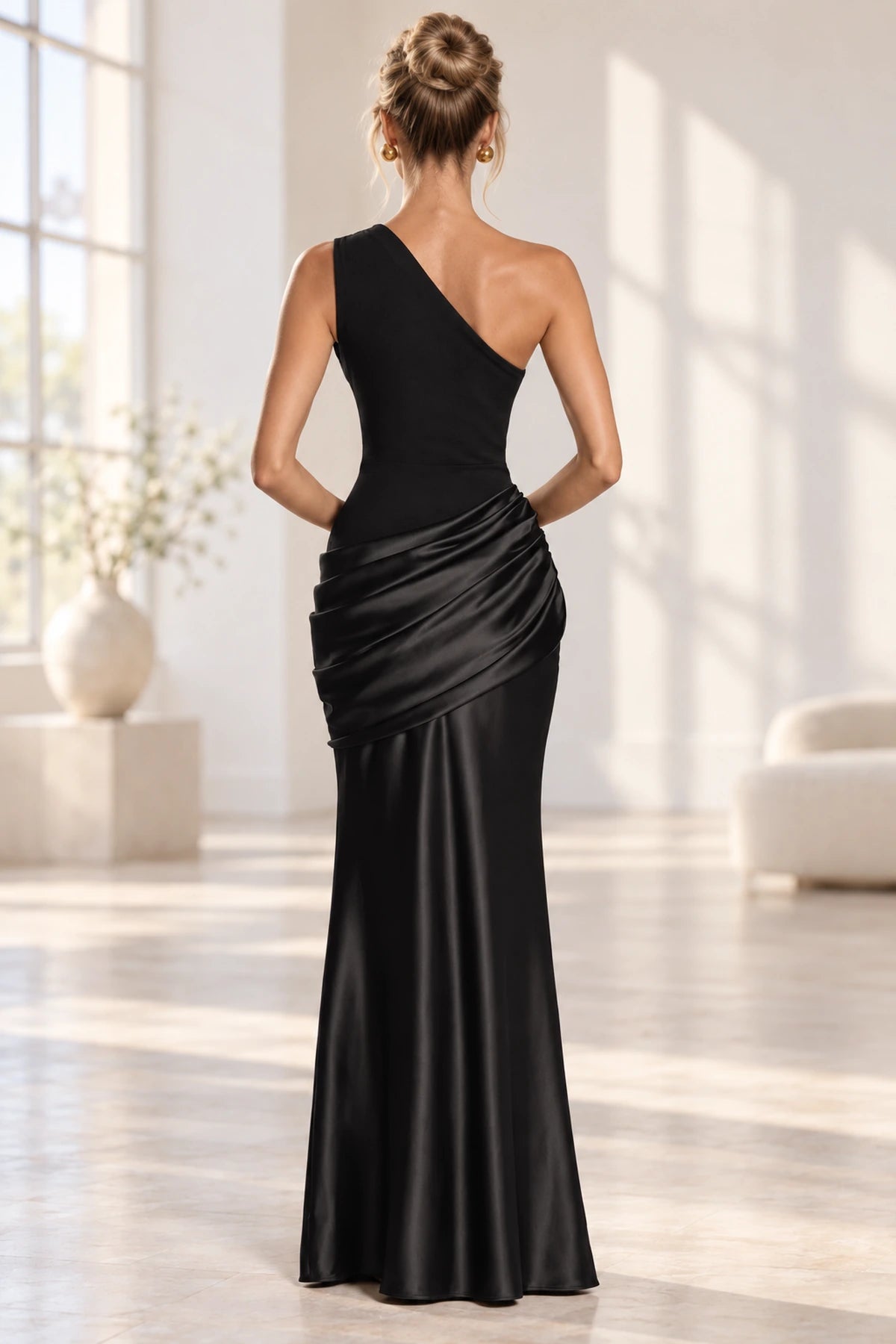 Elegant Mermaid One Shoulder Sleeveless Asymmetrical Back Long Bridesmaid Dress