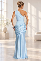 Elegant Mermaid One Shoulder Sleeveless Asymmetrical Back Long Bridesmaid Dress