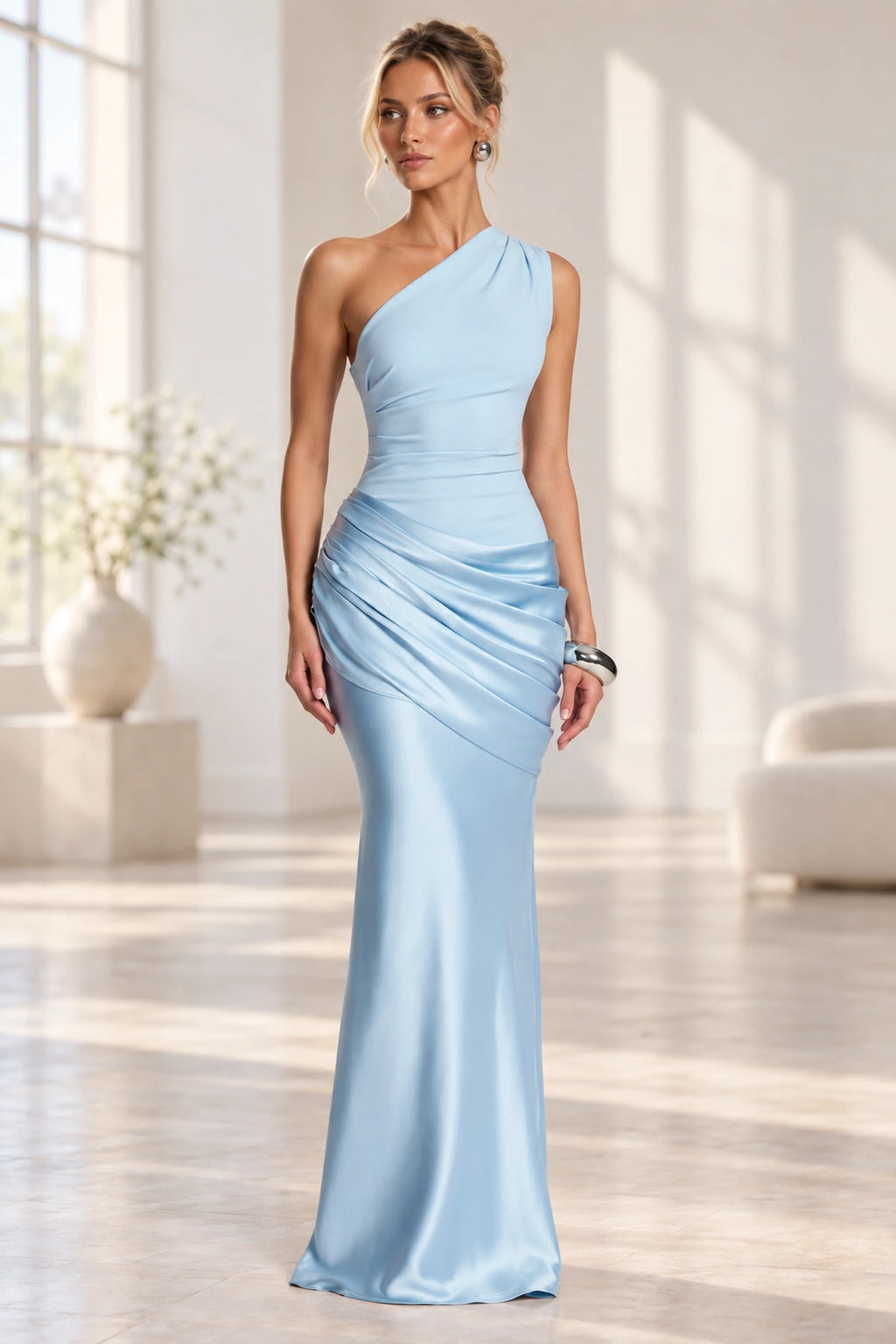 Elegant Mermaid One Shoulder Sleeveless Asymmetrical Back Long Bridesmaid Dress