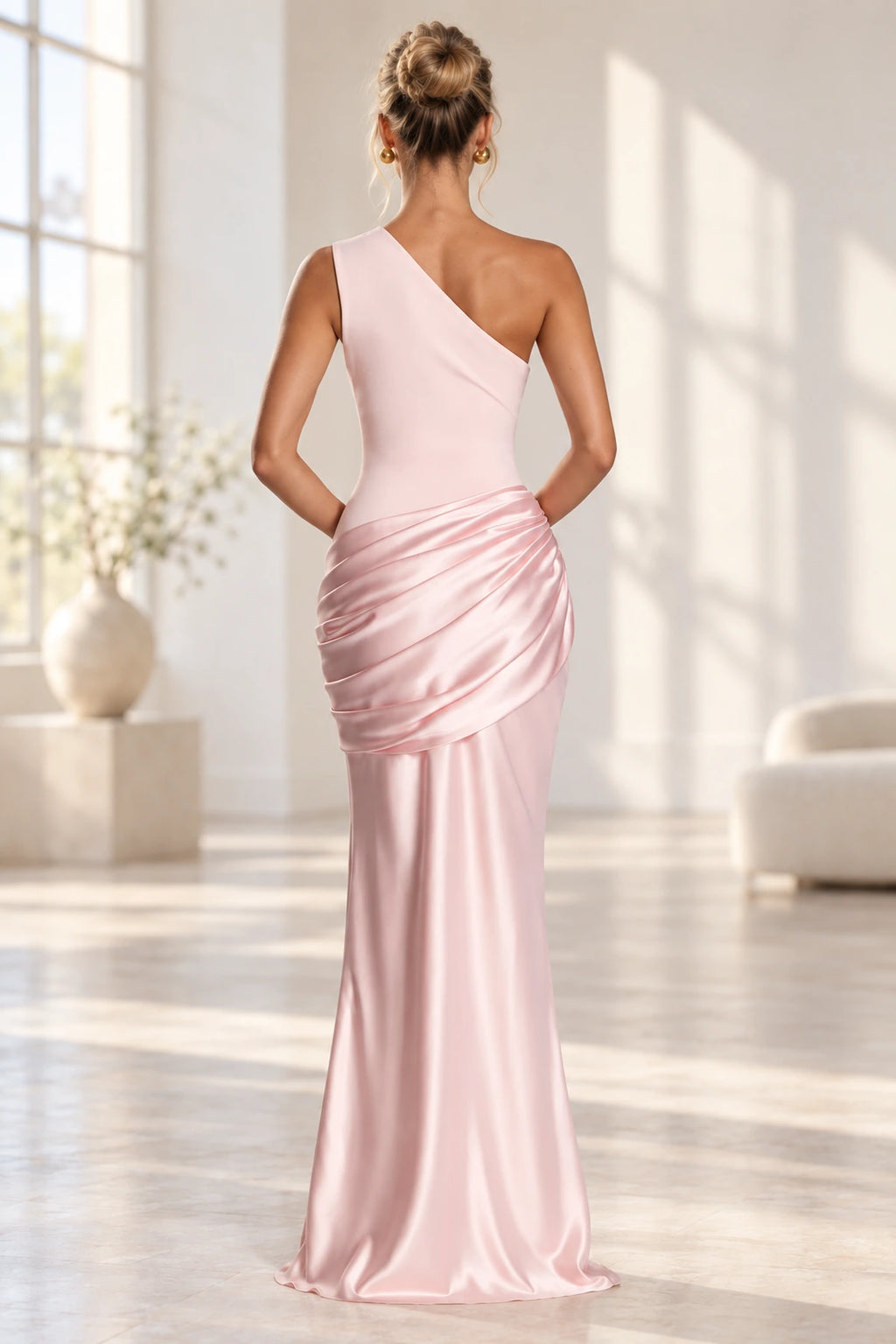 Elegant Mermaid One Shoulder Sleeveless Asymmetrical Back Long Bridesmaid Dress