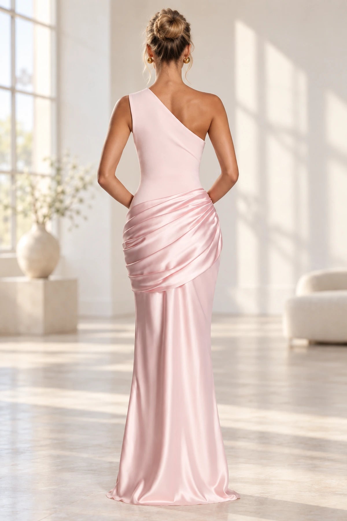 Elegant Mermaid One Shoulder Sleeveless Asymmetrical Back Long Bridesmaid Dress