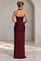 Burgundy lace up back mermaid wedding guest dress rear view
