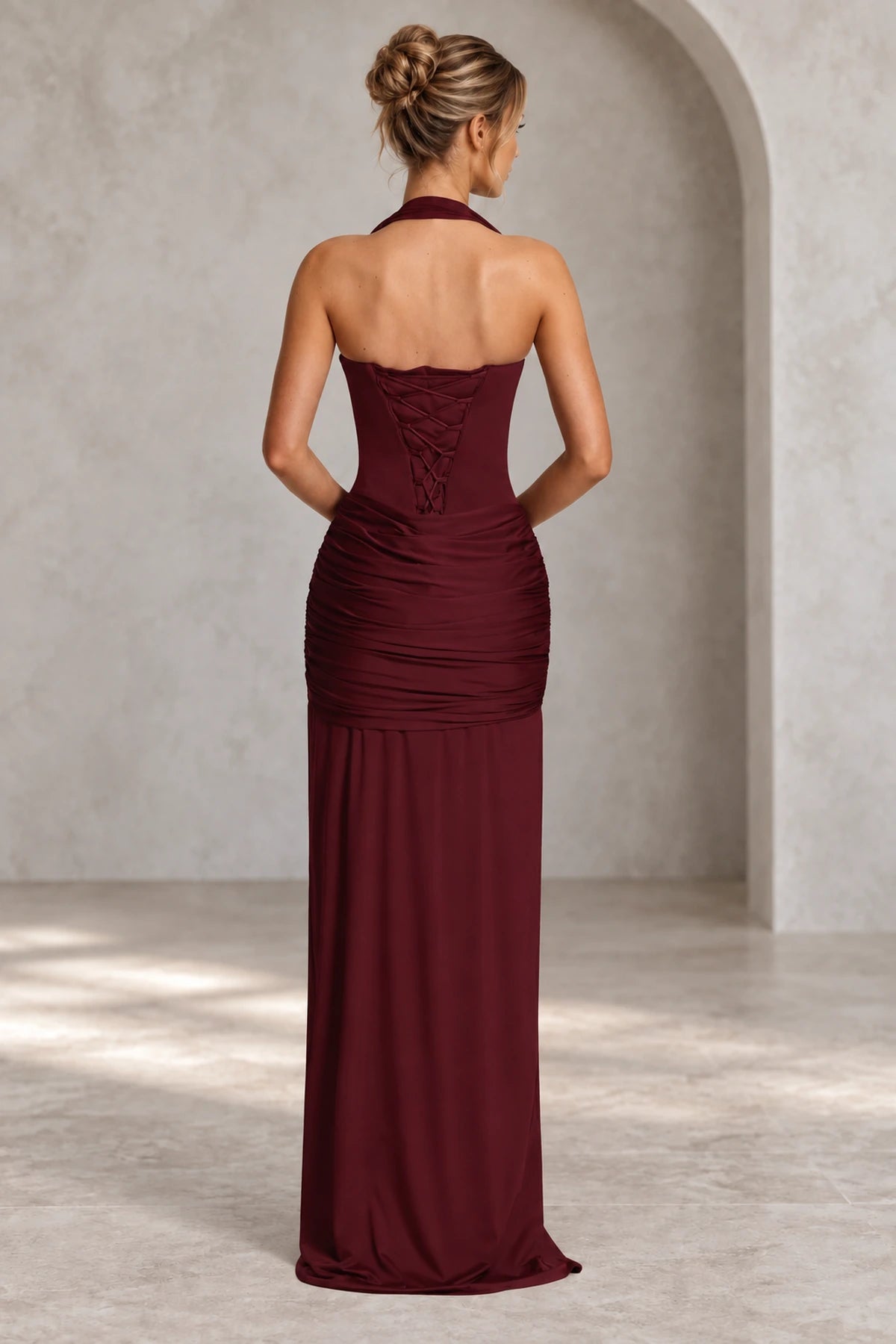 Burgundy lace up back mermaid wedding guest dress rear view