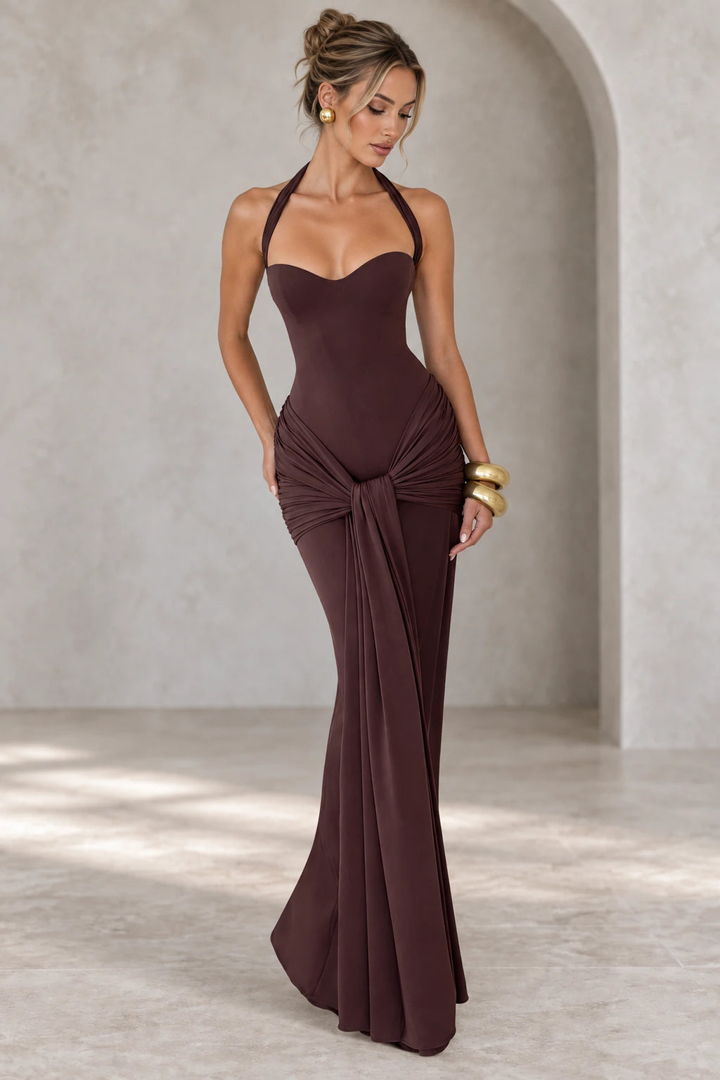 Elegant Ruched Halter Sweetheart Mermaid Wedding Guest Dress