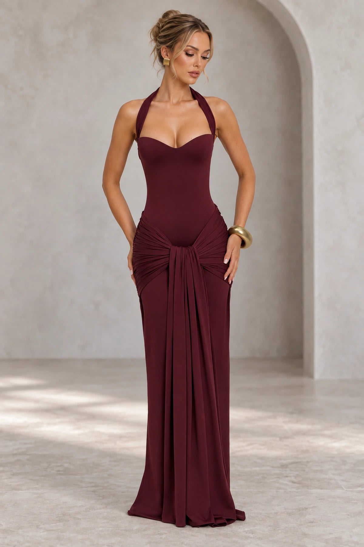 Burgundy ruched halter mermaid wedding guest dress with sweetheart neckline