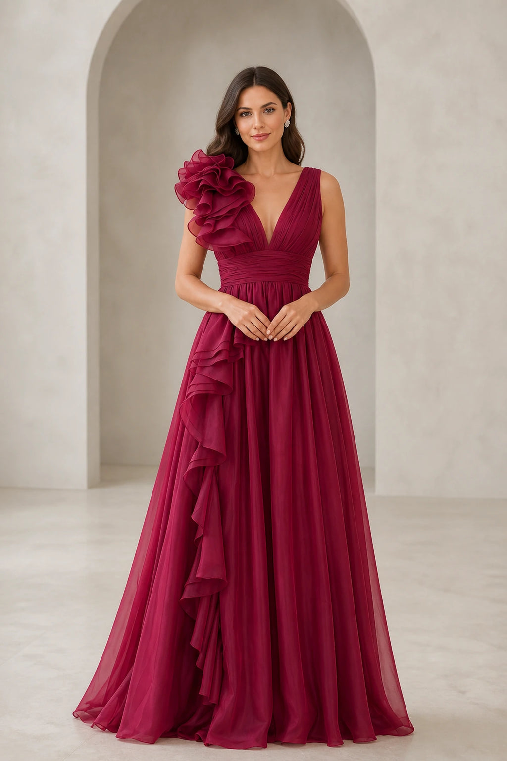 Burgundy V-neck floor-length bridesmaid dress with statement shoulder ruffle and cascading drape