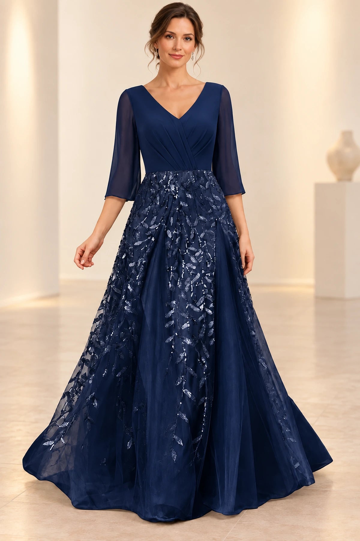 Elegant A Line V Neck Three Quarter Sleeve Zipper Back Long Mother of the Bride Dress