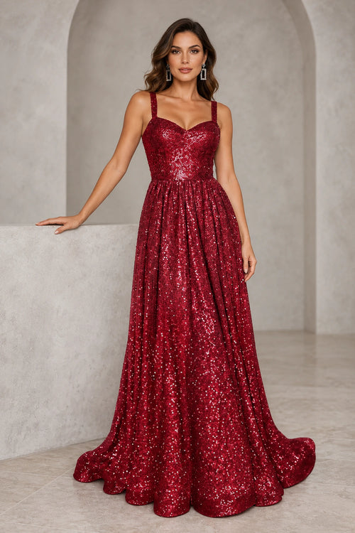 Burgundy sequined A line prom dress with a sweetheart neckline, shoulder straps, fitted bodice, and gathered floor-length skirt.