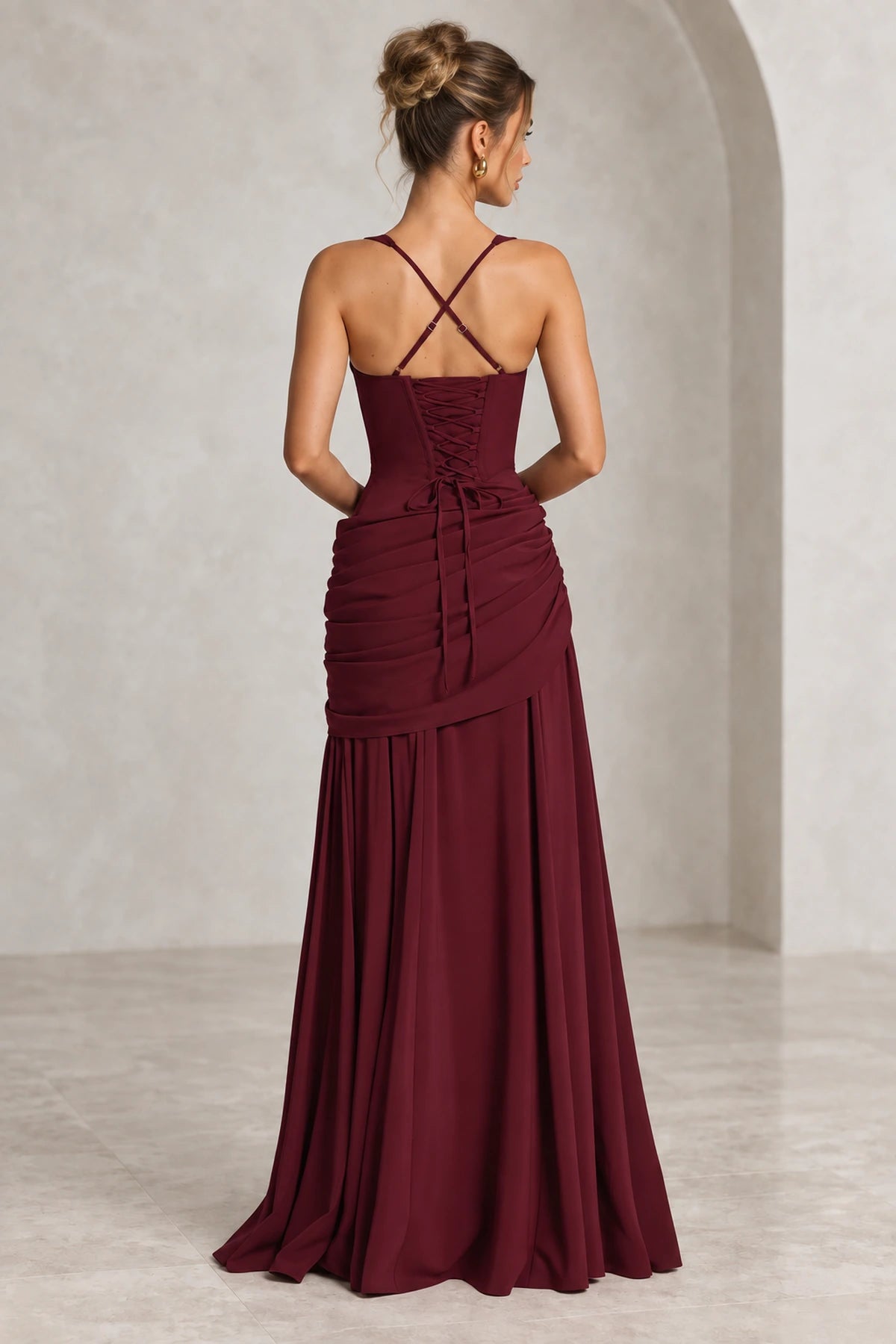 Burgundy lace up back maxi bridesmaid dress with crisscross straps