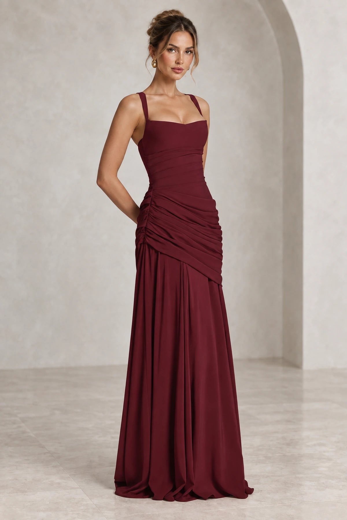 Burgundy square neck sleeveless maxi bridesmaid dress with ruched bodice
