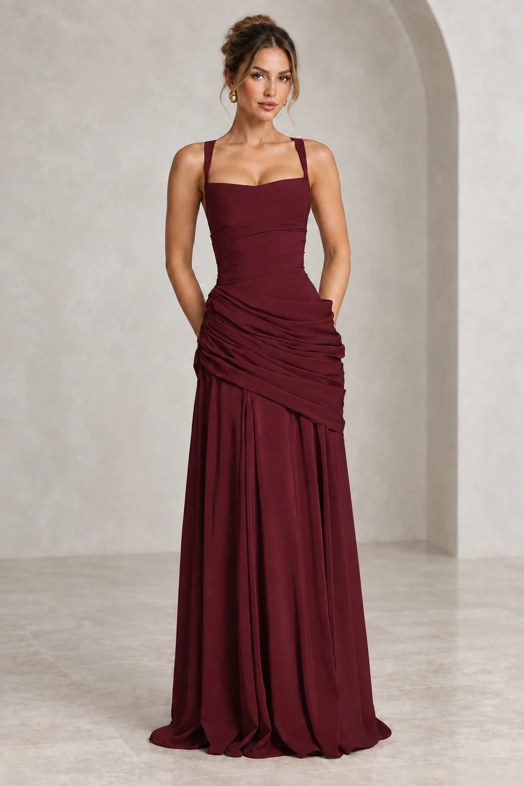 Elegant Sheath Square Neck Sleeveless Lace Up Back Maxi Bridesmaid Dress