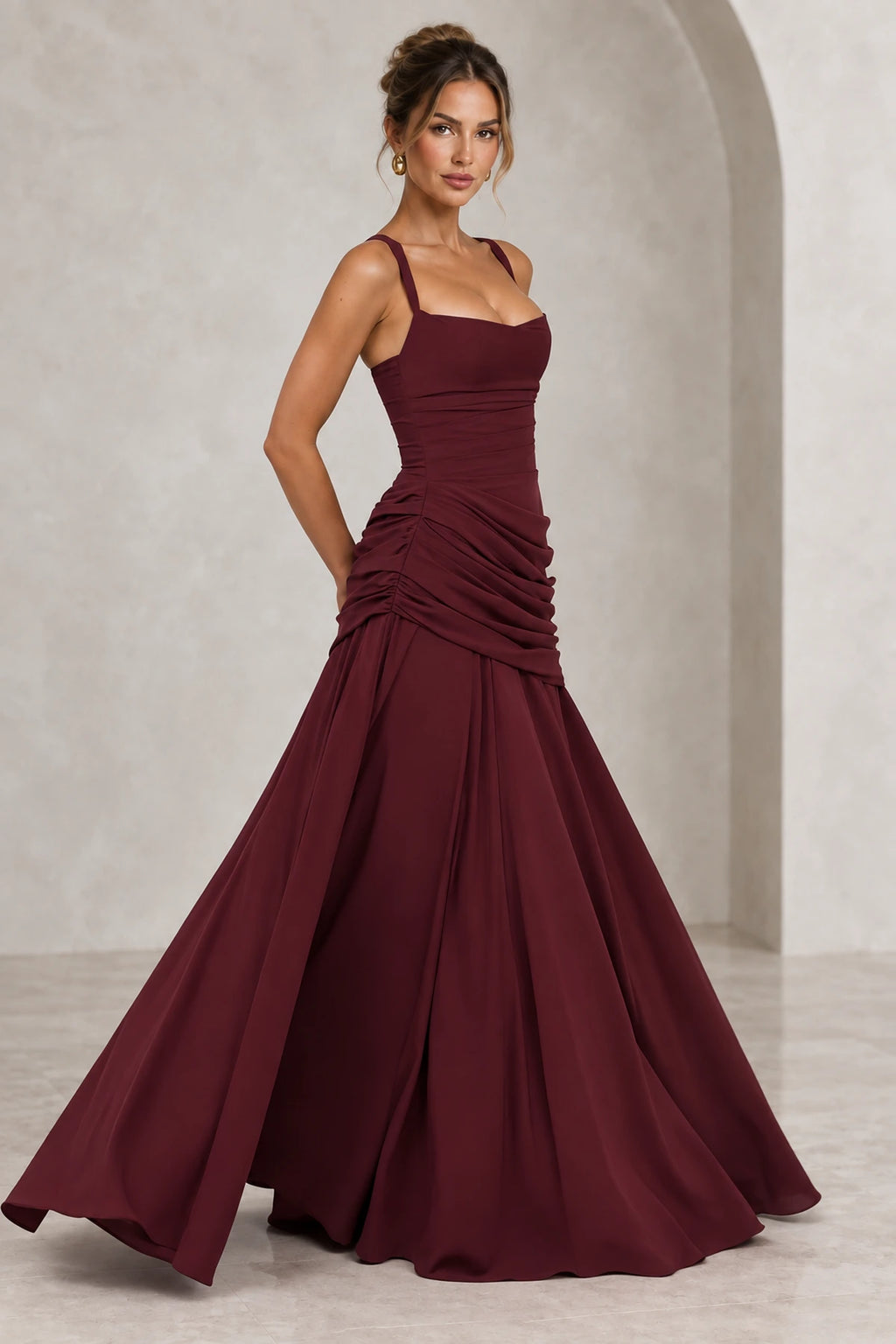 Elegant Sheath Square Neck Sleeveless Lace Up Back Maxi Bridesmaid Dress