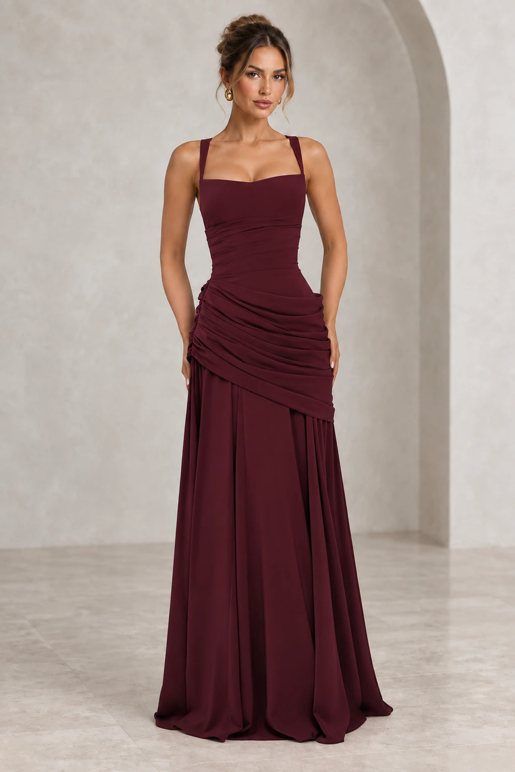 Elegant Sheath Square Neck Sleeveless Lace Up Back Maxi Bridesmaid Dress