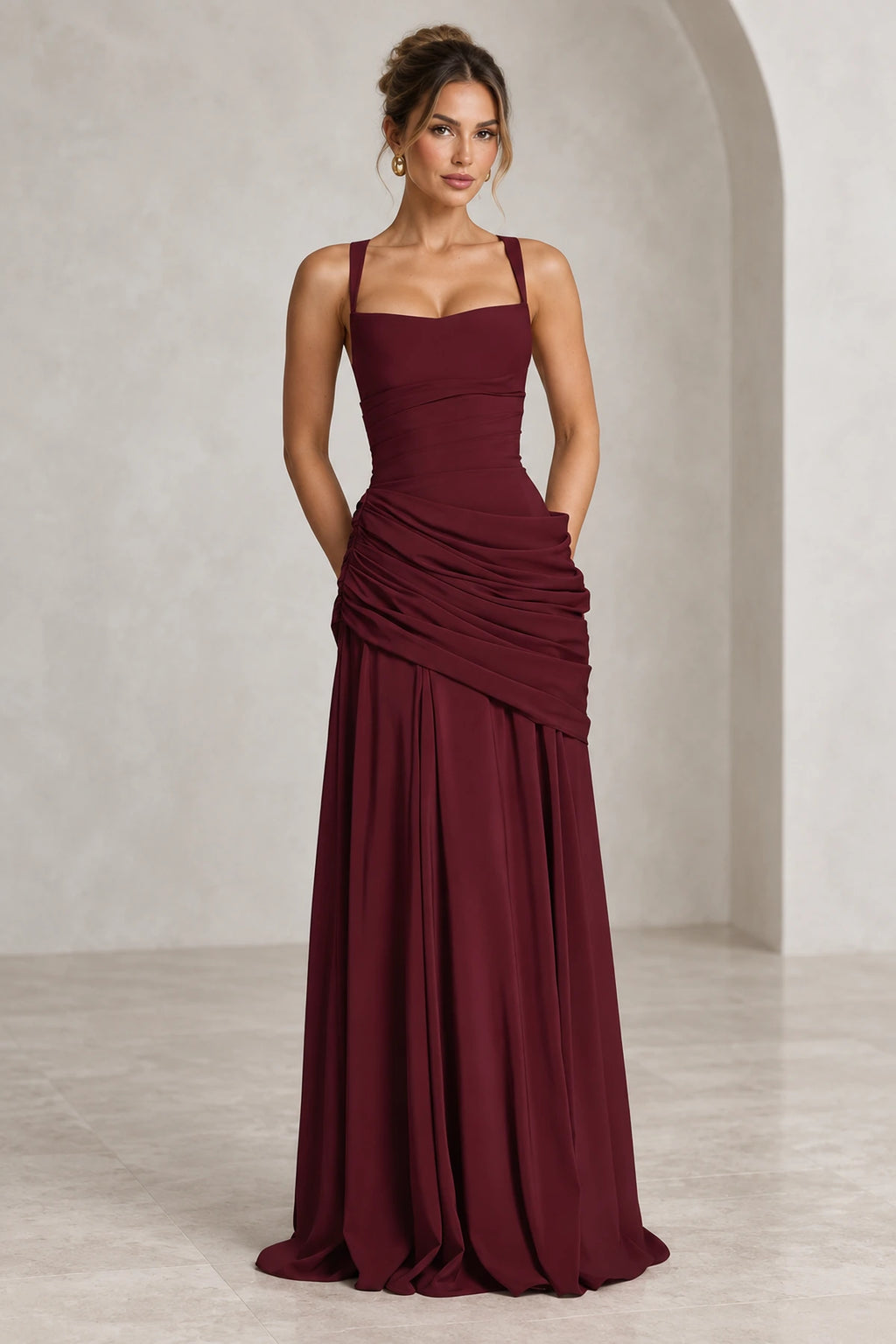 Elegant Sheath Square Neck Sleeveless Lace Up Back Maxi Bridesmaid Dress
