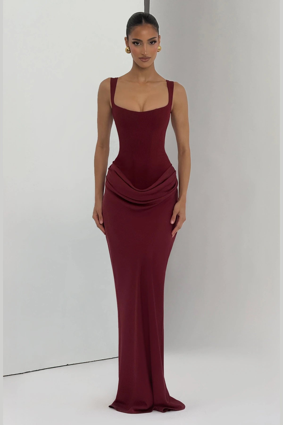 Elegant Square Neck Sleeveless Lace Up Back Long Bridesmaid Dress