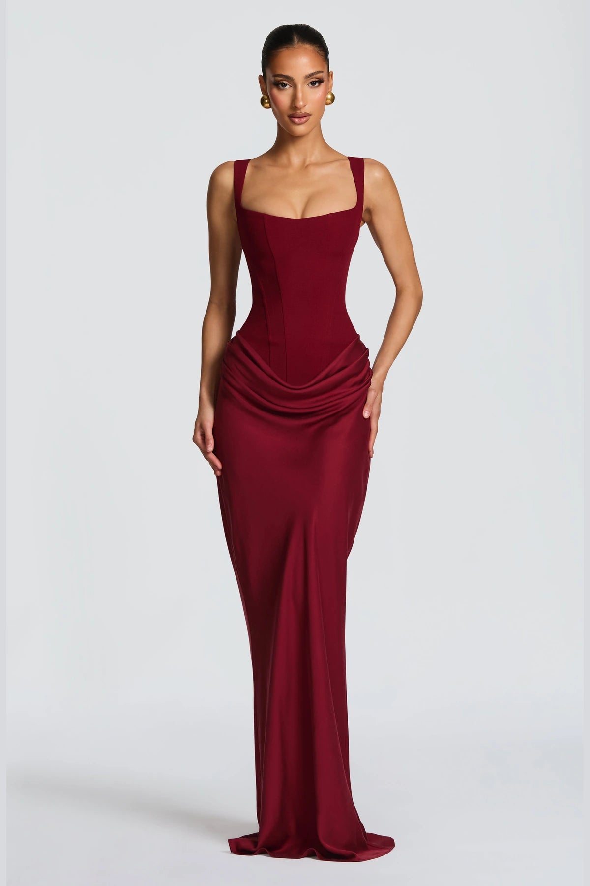 Graceprom burgundy square neck sleeveless bridesmaid dress front view