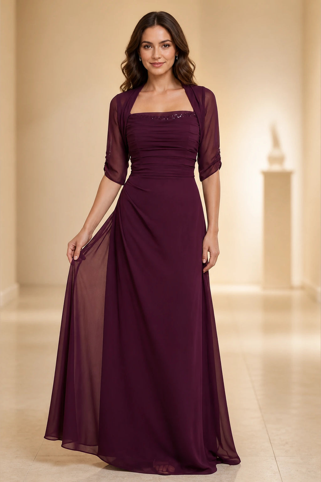 Burgundy square neck mother of the bride dress with sheer elbow sleeves