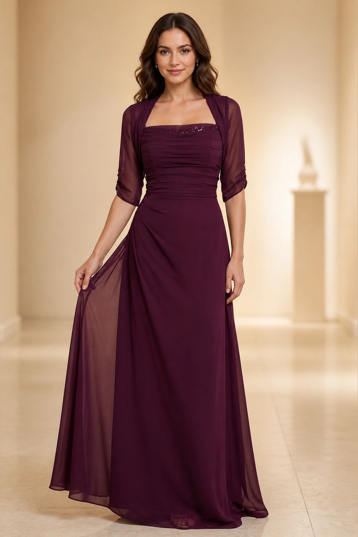 Burgundy square neck mother of the bride dress with sheer elbow sleeves