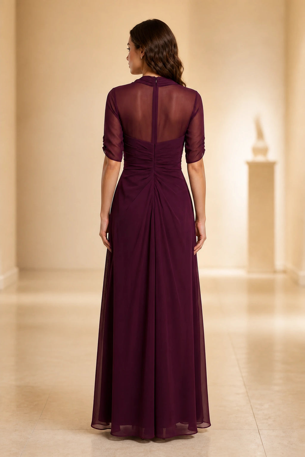 Burgundy floor length mother of the bride dress with sheer back and zipper