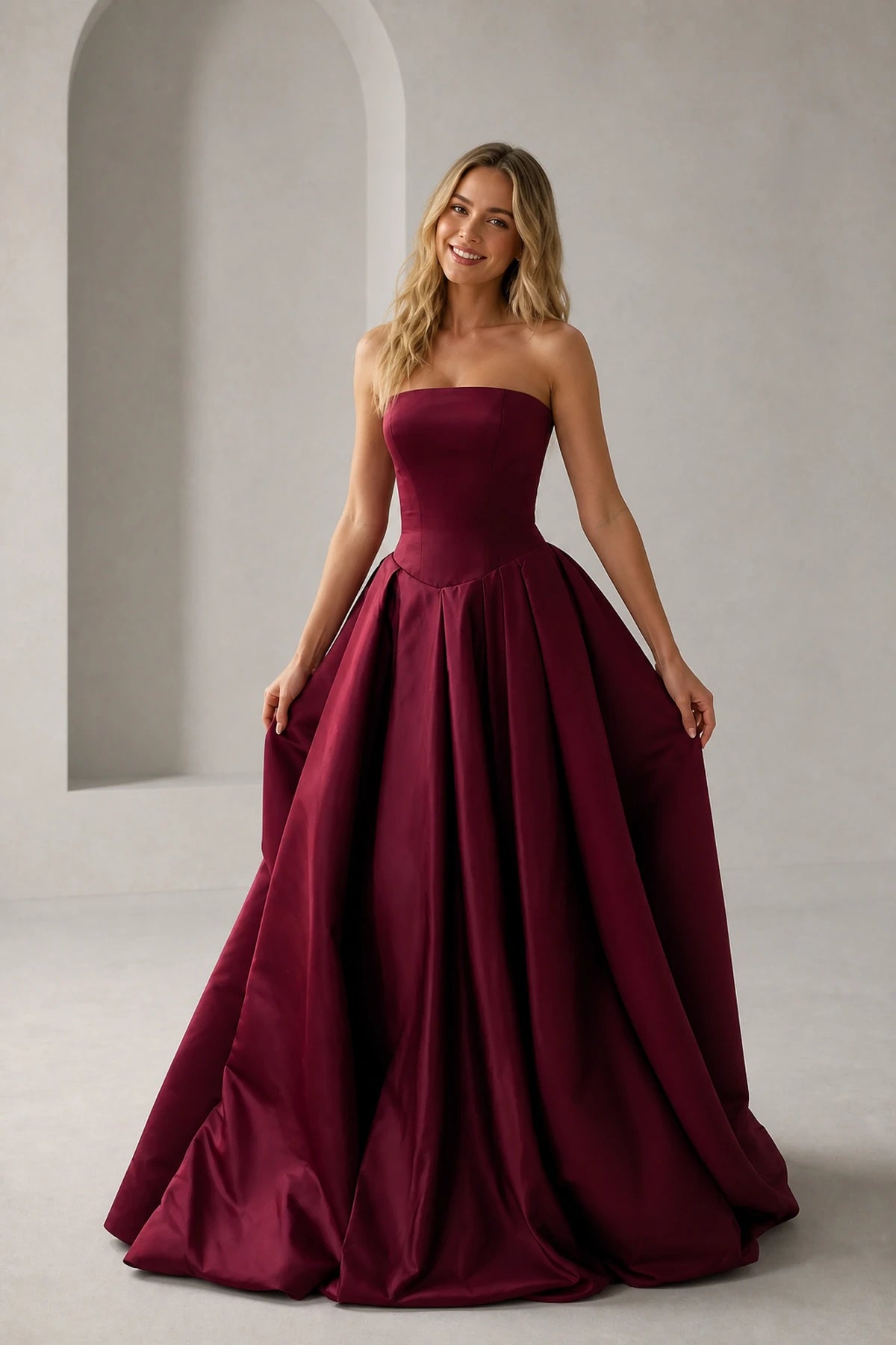 Burgundy strapless straight neck floor-length ball gown wedding guest dress front view
