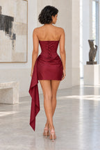 Burgundy strapless mini homecoming dress with adjustable lace-up corset back by Graceprom