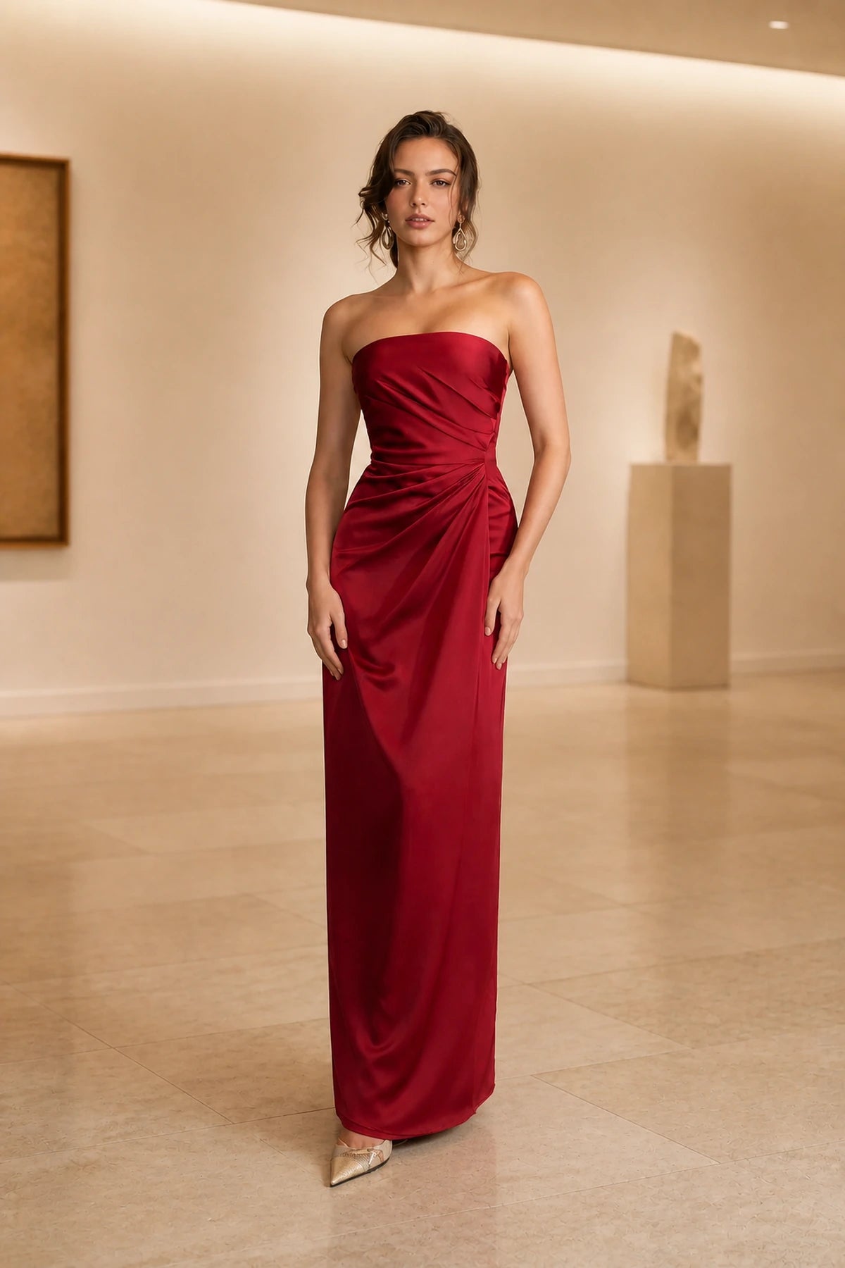 Burgundy strapless ruched long bridesmaid dress by GraceProm