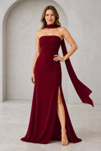 Burgundy strapless straight neck floor length bridesmaid dress with scarf and slit front view
