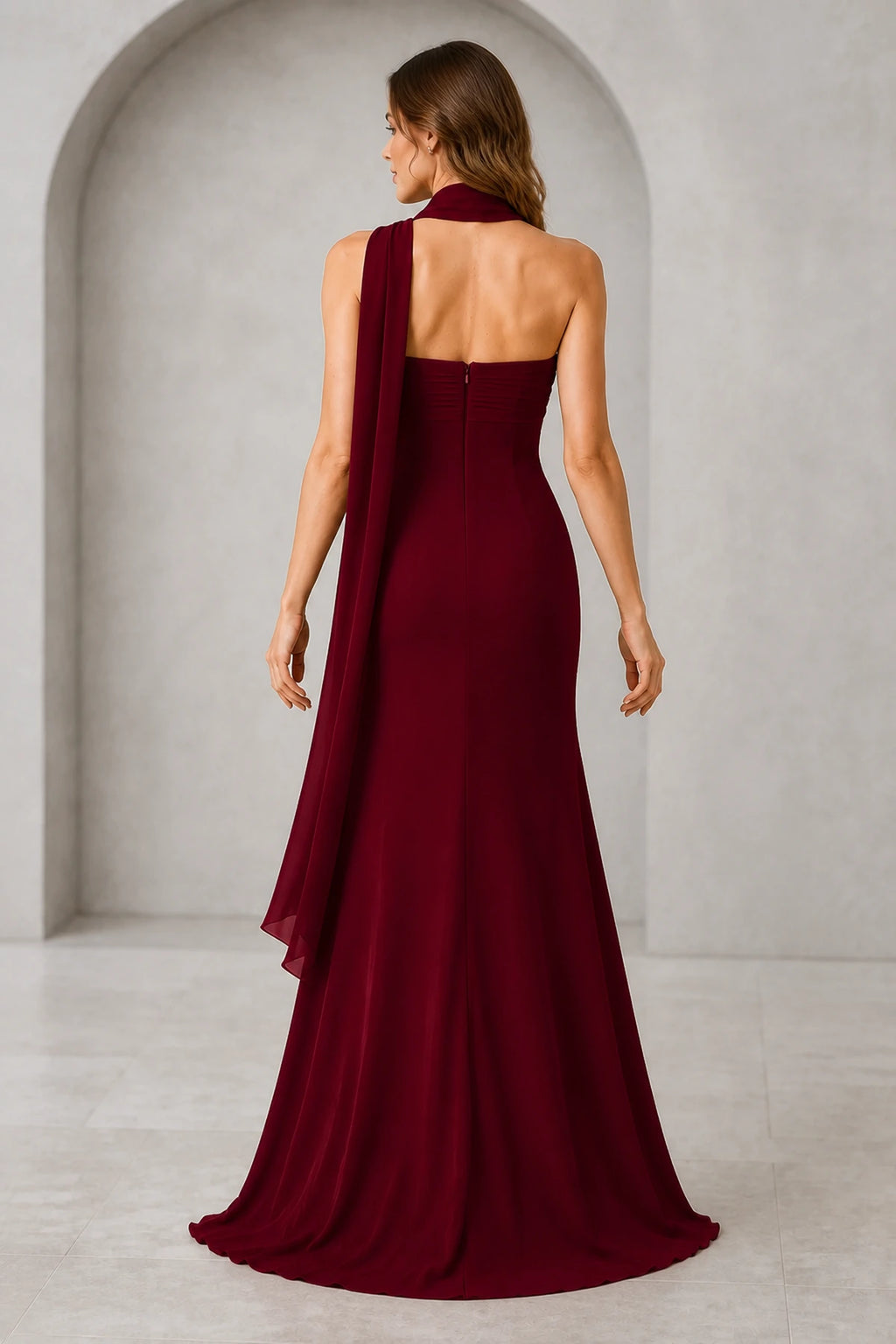 Burgundy strapless floor length bridesmaid dress with zipper back and draped scarf back view