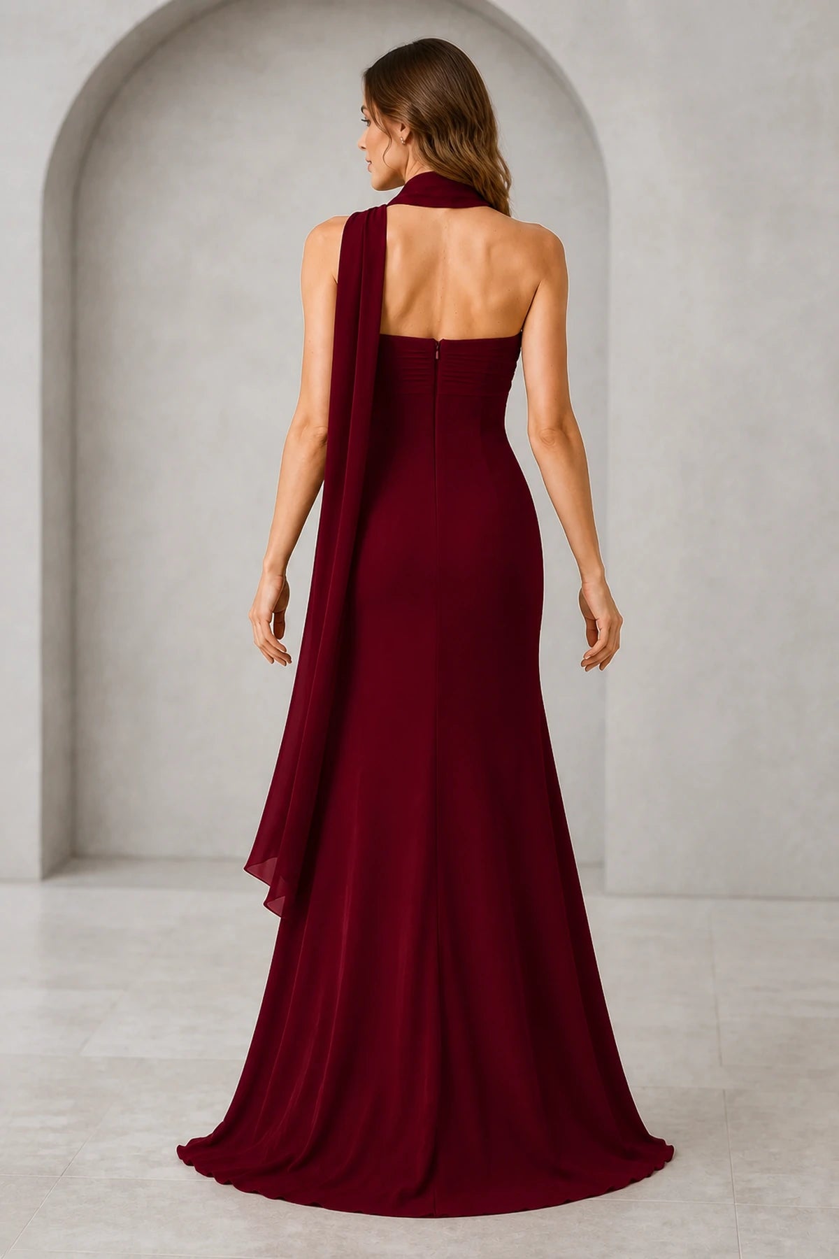 Burgundy strapless floor length bridesmaid dress with zipper back and draped scarf back view