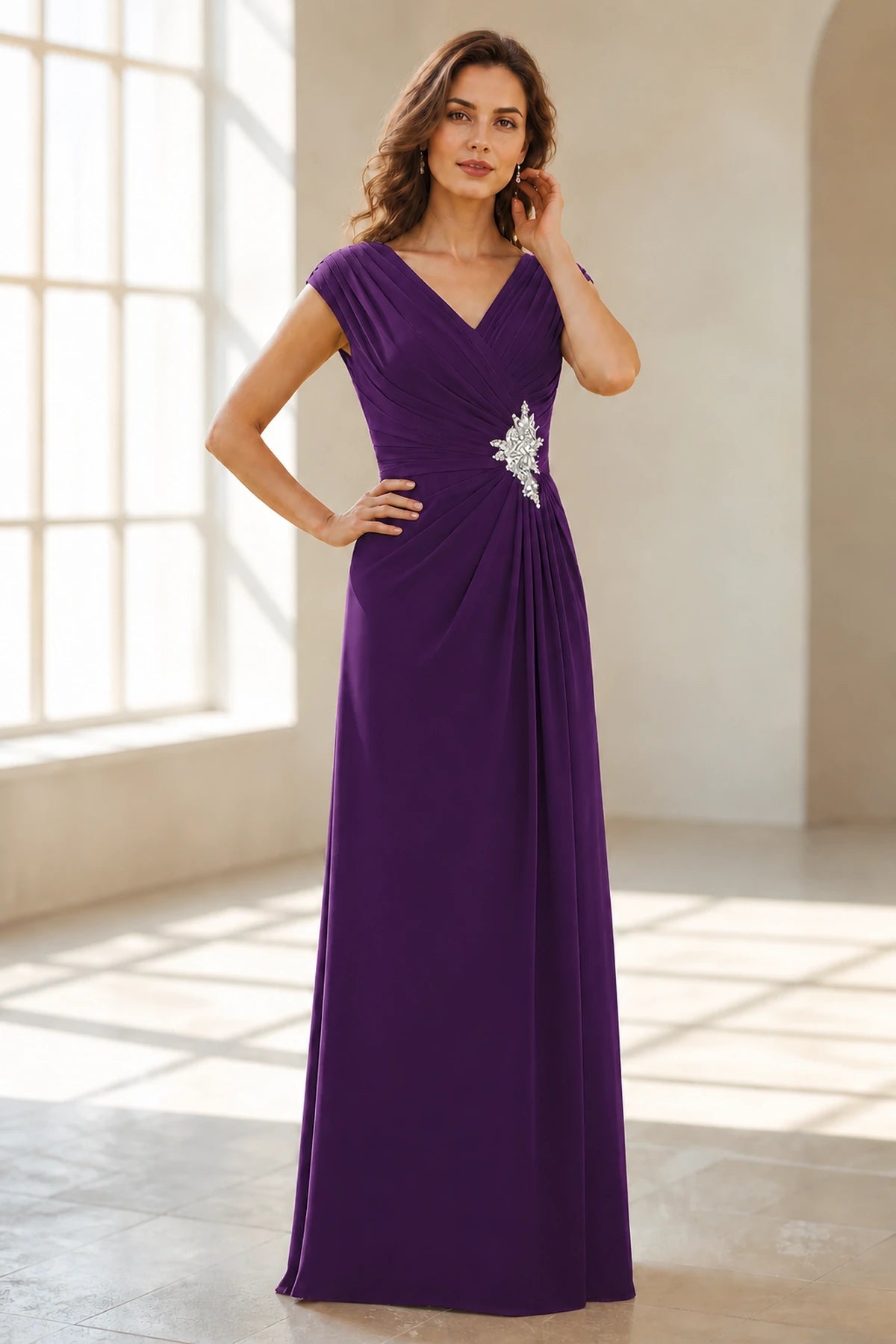 Refined A Line V Neck Cap Sleeve V Back Long Wedding Guest Dress