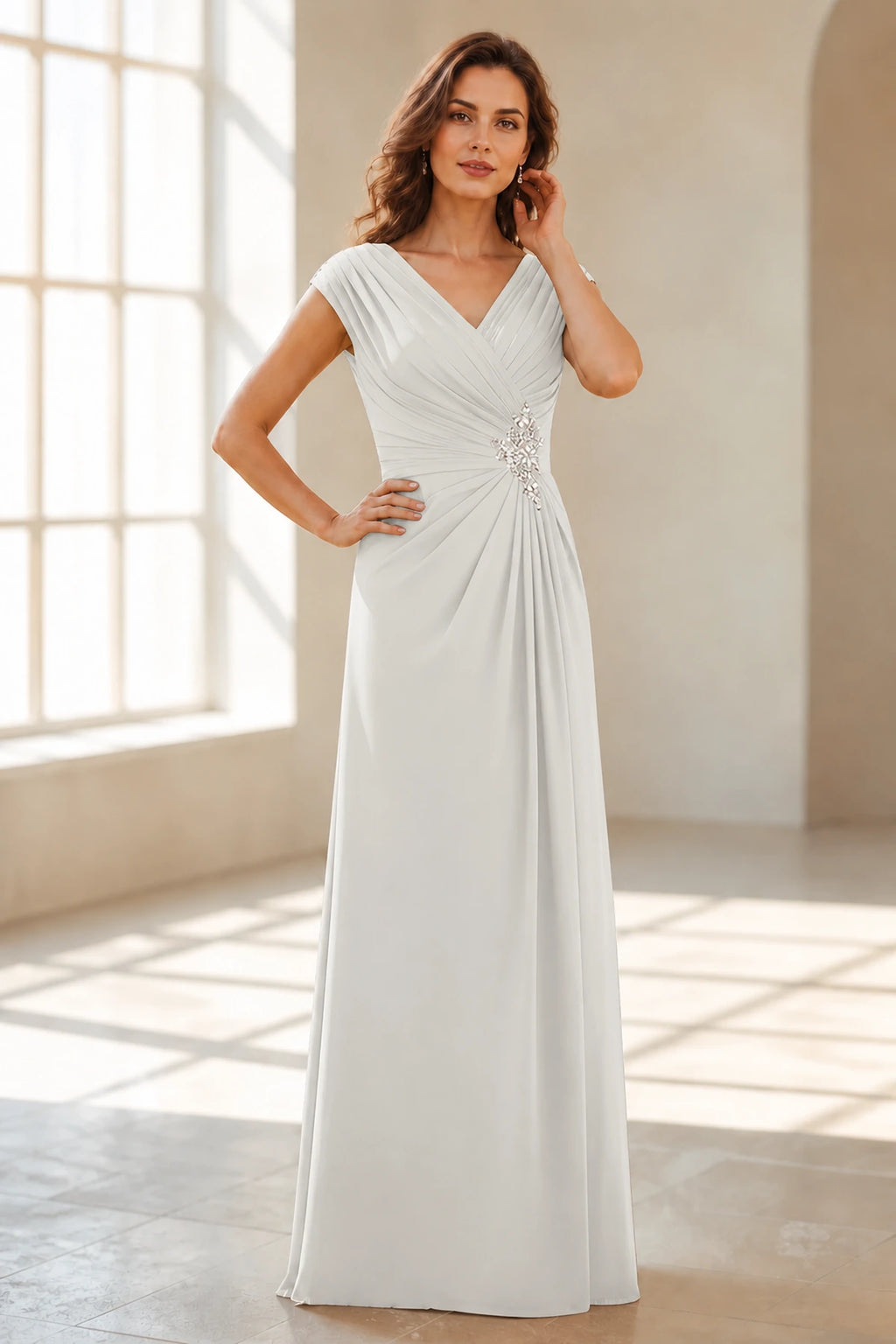 Refined A Line V Neck Cap Sleeve V Back Long Wedding Guest Dress