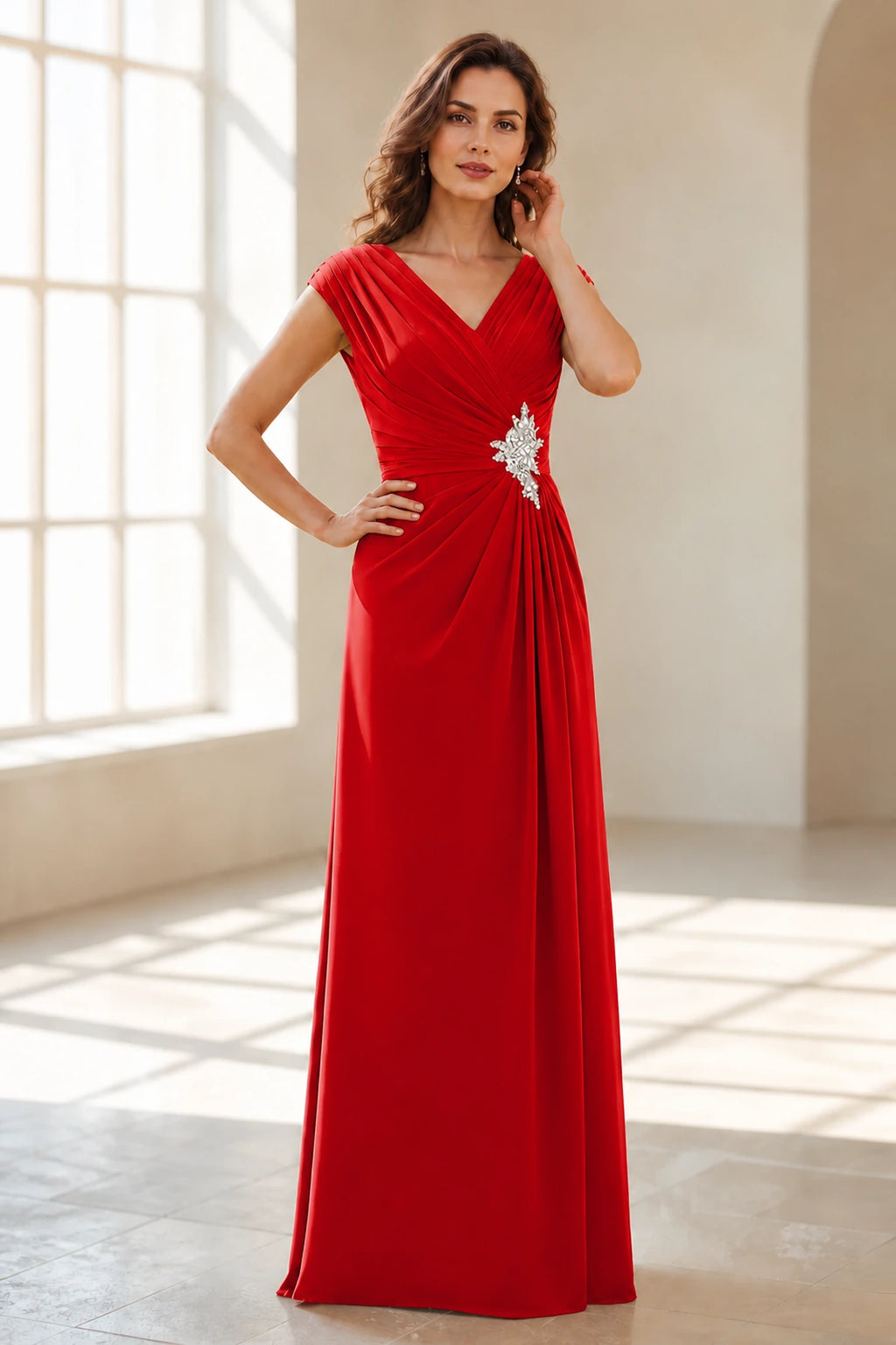 Refined A Line V Neck Cap Sleeve V Back Long Wedding Guest Dress