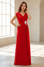 Refined A Line V Neck Cap Sleeve V Back Long Wedding Guest Dress