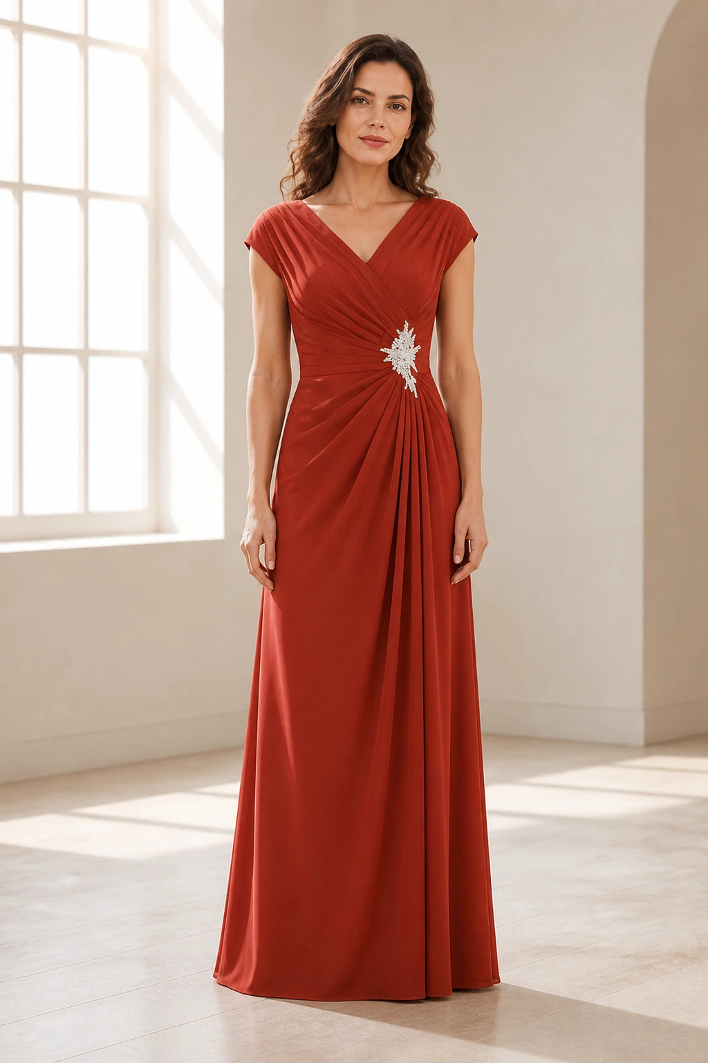 Refined A Line V Neck Cap Sleeve V Back Long Wedding Guest Dress