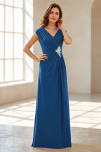 Refined A Line V Neck Cap Sleeve V Back Long Wedding Guest Dress