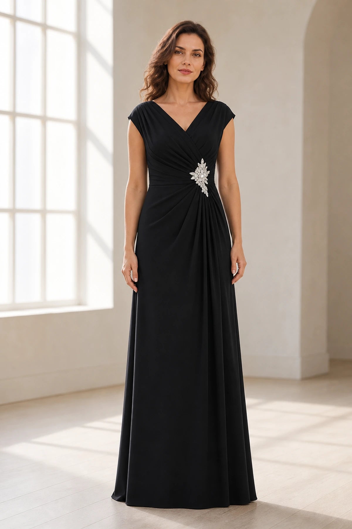 Refined A Line V Neck Cap Sleeve V Back Long Wedding Guest Dress