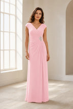 Refined A Line V Neck Cap Sleeve V Back Long Wedding Guest Dress