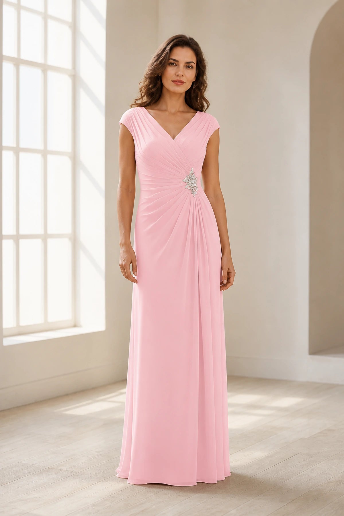 Refined A Line V Neck Cap Sleeve V Back Long Wedding Guest Dress