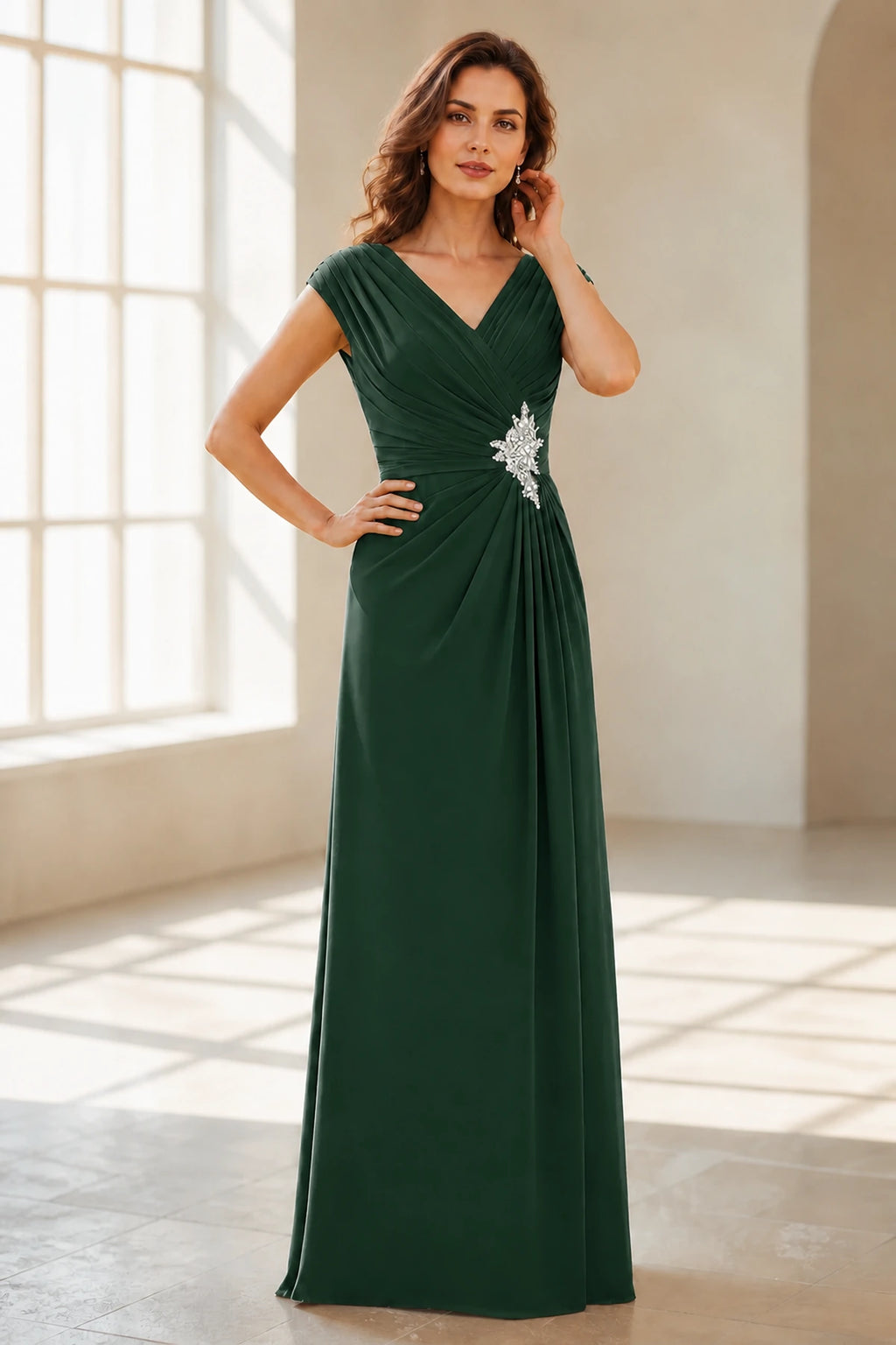 Refined A Line V Neck Cap Sleeve V Back Long Wedding Guest Dress