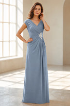 Refined A Line V Neck Cap Sleeve V Back Long Wedding Guest Dress