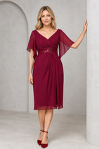Burgundy V-neck flutter sleeve Mother of the Bride dress with ruched waist, floral detail and V-back, front and back view by Vedress