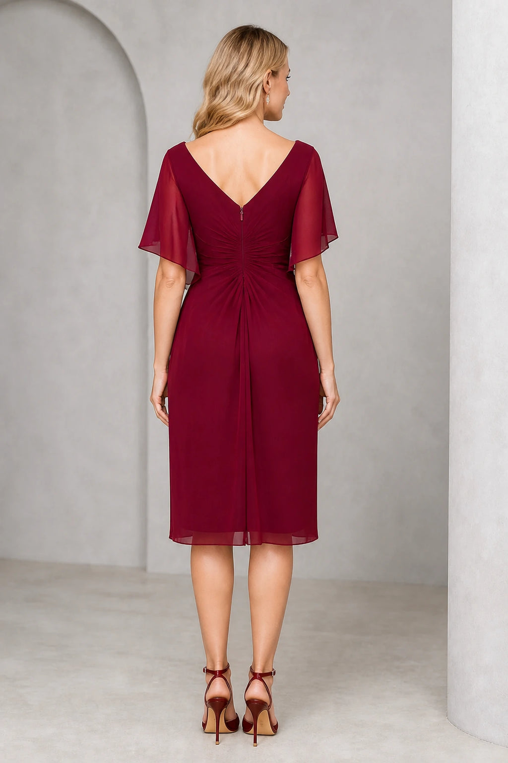 Burgundy V-neck flutter sleeve Mother of the Bride dress with ruched waist, floral detail and V-back, front and back view by Vedress
