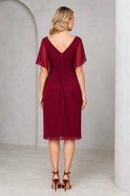 Burgundy V-neck flutter sleeve Mother of the Bride dress with ruched waist, floral detail and V-back, front and back view by Vedress