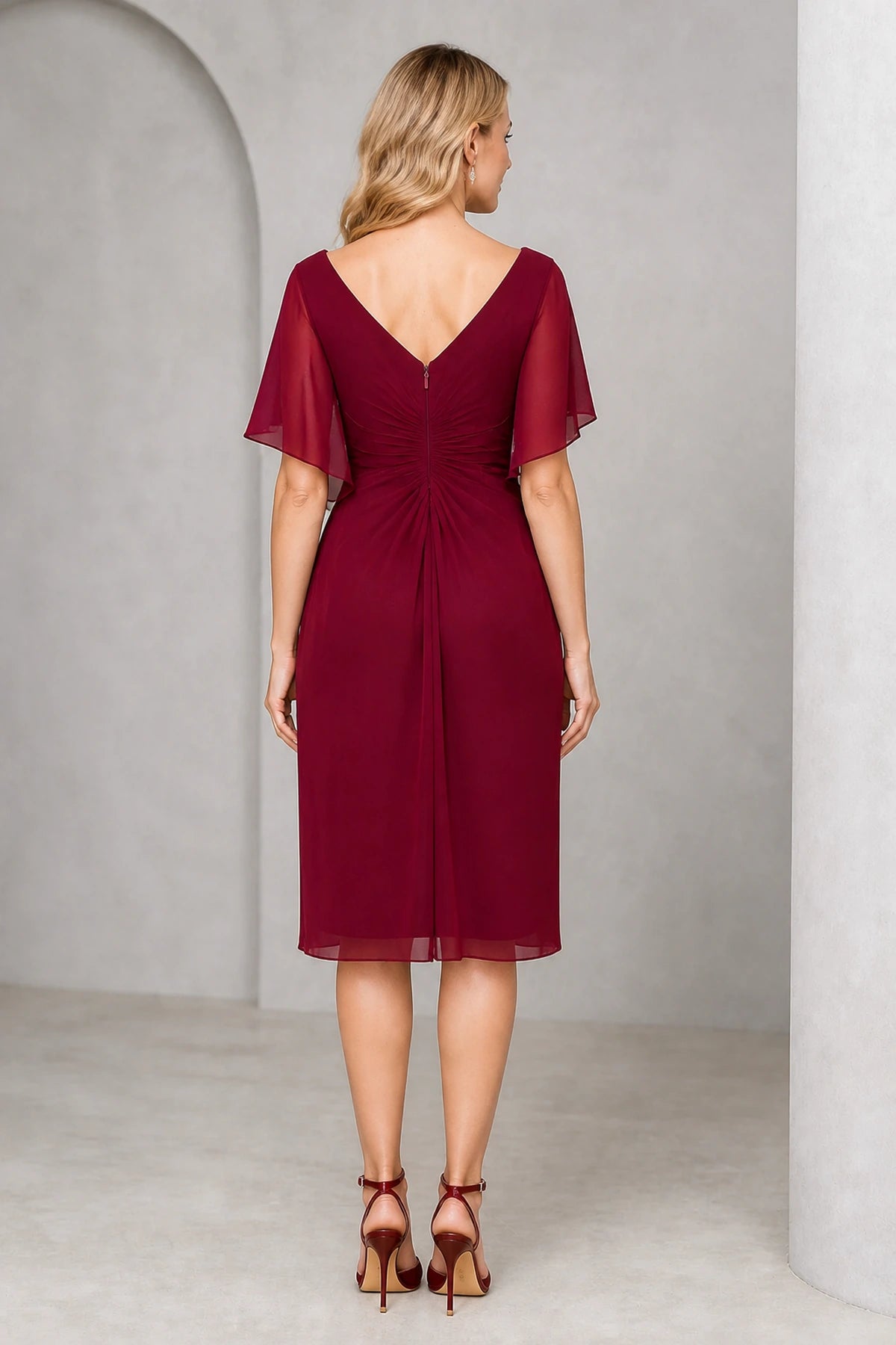 Burgundy V-neck flutter sleeve Mother of the Bride dress with ruched waist, floral detail and V-back, front and back view by Vedress