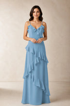 Romantic A-Line V-Neck Spaghetti-Strap Open-Back Floor-Length Bridesmaid Dress